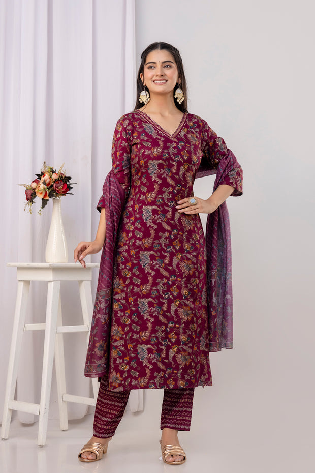 Burgundy Printed Straight Kurta Set With Dupatta for Women