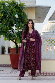 Burgundy Printed Straight Kurta Set With Dupatta for Women