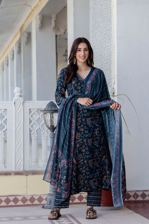 Teal Blue Printed Straight Kurta Set With Dupatta for Women