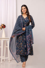 Teal Blue Printed Straight Kurta Set With Dupatta for Women