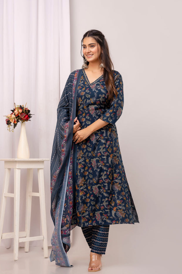 Teal Blue Printed Straight Kurta Set With Dupatta for Women