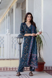 Teal Blue Printed Straight Kurta Set With Dupatta for Women