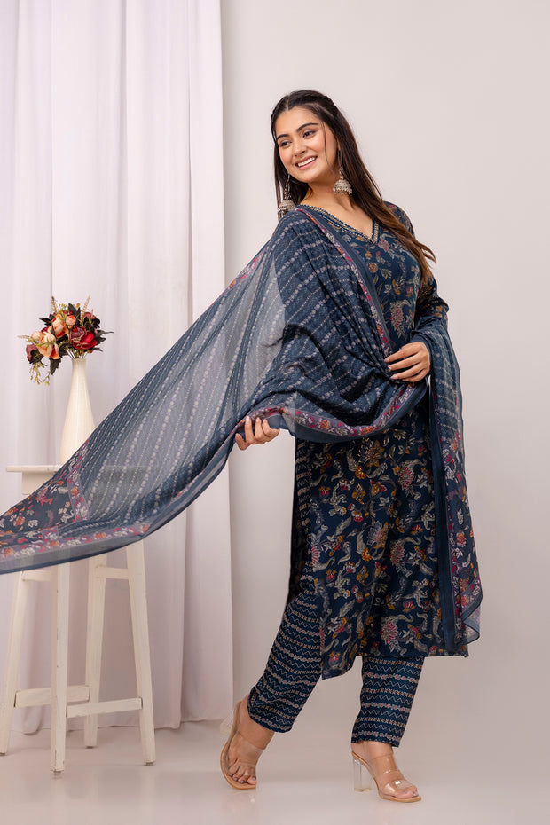 Teal Blue Printed Straight Kurta Set With Dupatta for Women