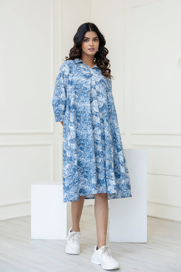 Women Blue Printed Flared Midi Dress