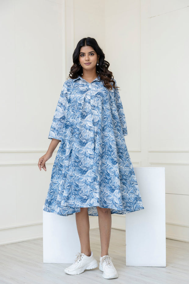 Women Blue Printed Flared Midi Dress