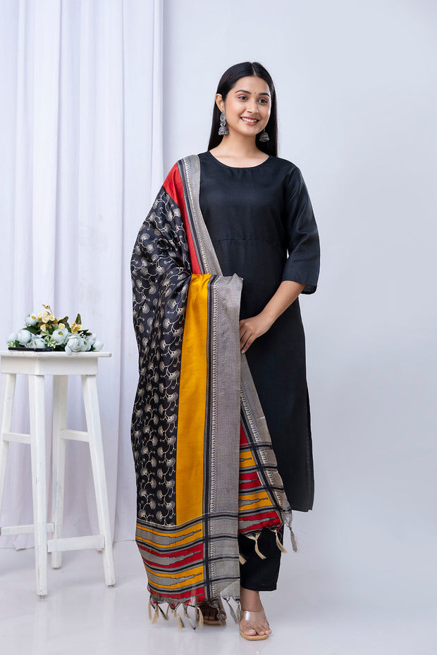 Black Straight Kurta Set With Printed Dupatta for Women