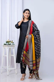 Black Straight Kurta Set With Printed Dupatta for Women