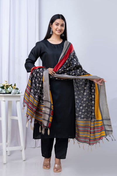 Black Straight Kurta Set With Printed Dupatta for Women