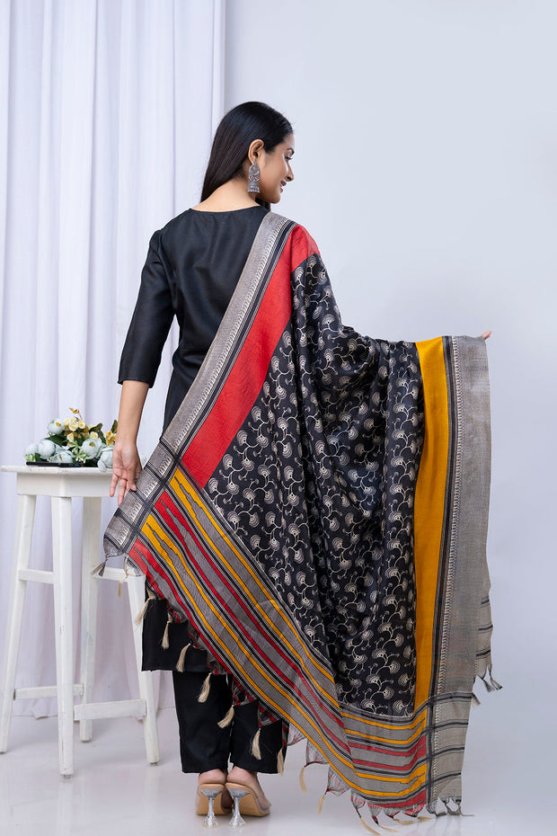 Black Straight Kurta Set With Printed Dupatta for Women