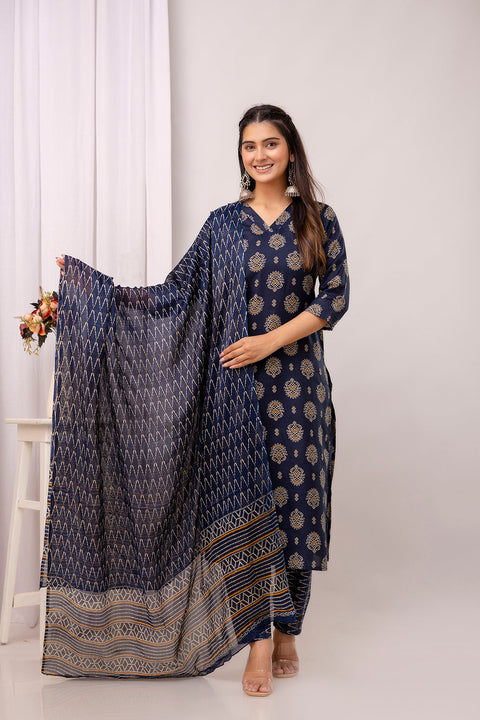 Nayo Navy Blue Printed Straight Kurta Set With Dupatta For Women