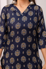 Nayo Navy Blue Printed Straight Kurta Set With Dupatta For Women