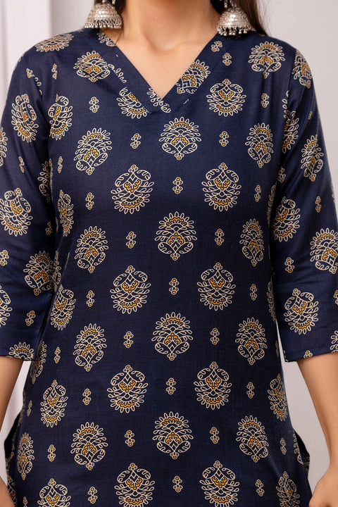 Nayo Navy Blue Printed Straight Kurta Set With Dupatta For Women