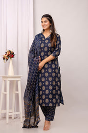 Nayo Navy Blue Printed Straight Kurta Set With Dupatta For Women