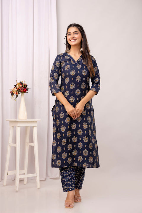 Nayo Navy Blue Printed Straight Kurta Set With Dupatta For Women