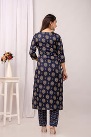 Nayo Navy Blue Printed Straight Kurta Set With Dupatta For Women