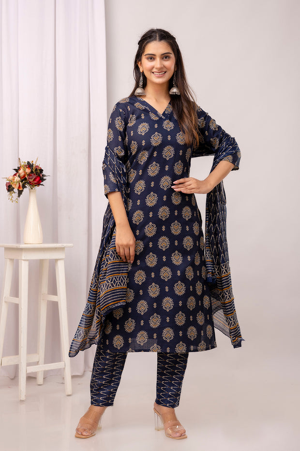 Nayo Navy Blue Printed Straight Kurta Set With Dupatta For Women