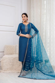 Blue Gold Printed Straight Kurta Set With Net Dupatta for Women