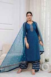 Blue Gold Printed Straight Kurta Set With Net Dupatta for Women