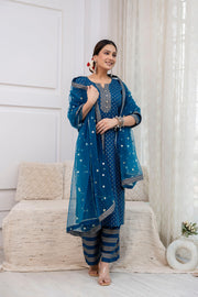 Blue Gold Printed Straight Kurta Set With Net Dupatta for Women