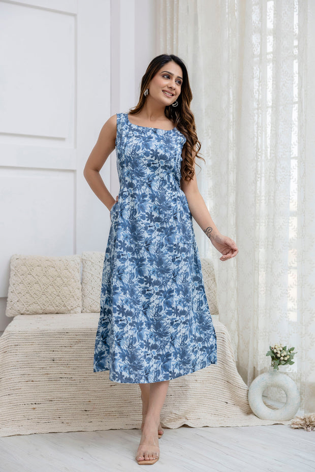 Women Blue Abstract Printed Flared Dress