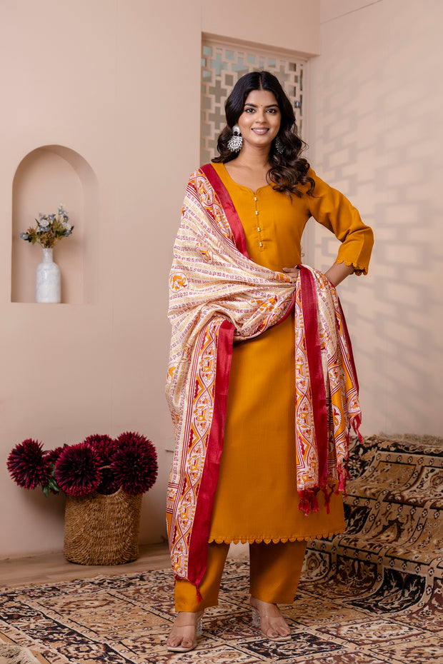 Mustard Straight Kurta Set With Printed Dupatta for Women