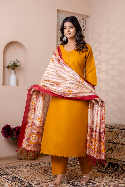 Mustard Straight Kurta Set With Printed Dupatta for Women