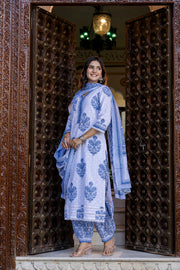 White Printed Straight Kurta Set With Dupatta for Women