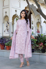 Mauve Printed Straight Kurta Set With Dupatta for Women