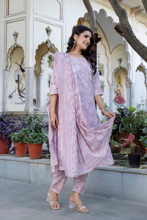 Mauve Printed Straight Kurta Set With Dupatta for Women