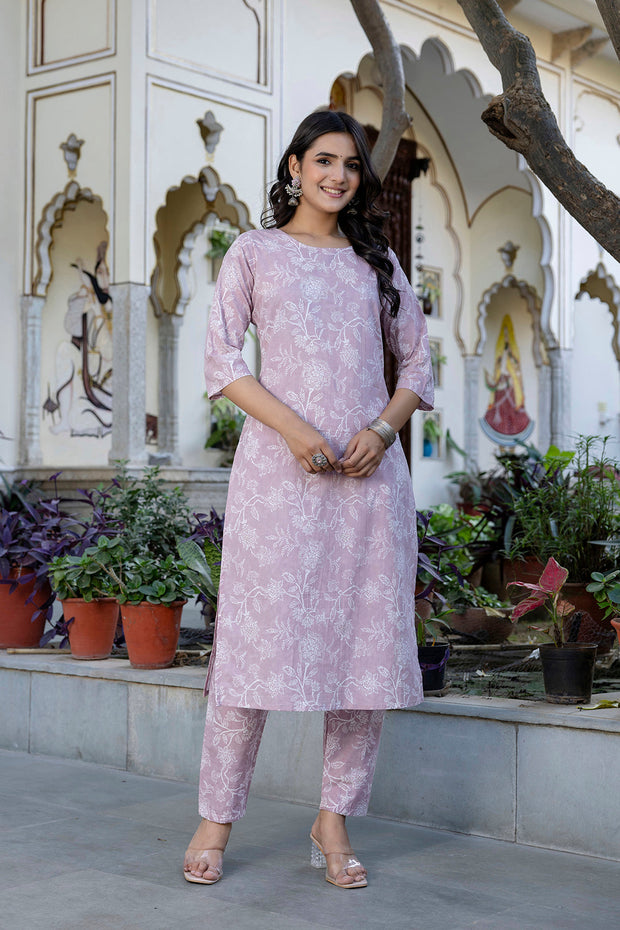 Mauve Printed Straight Kurta Set With Dupatta for Women