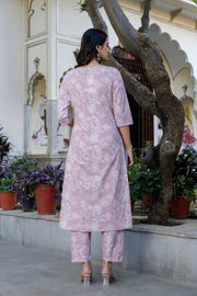 Mauve Printed Straight Kurta Set With Dupatta for Women