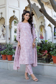 Mauve Printed Straight Kurta Set With Dupatta for Women