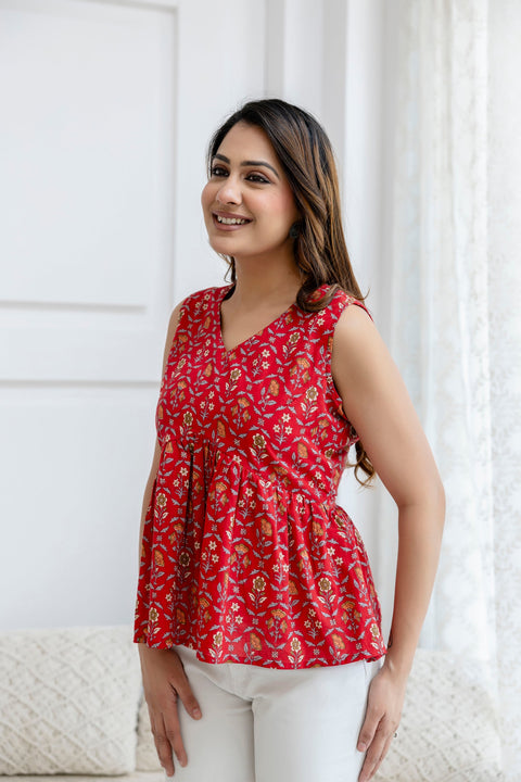 Women Red Printed Peplum Tunic