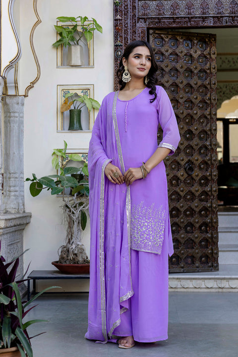 Lavender Embroidered Georgette Kurta & Wide Leg Plazzo With Dupatta for Women