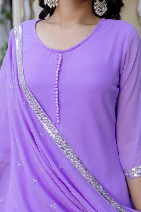 Lavender Embroidered Georgette Kurta & Wide Leg Plazzo With Dupatta for Women