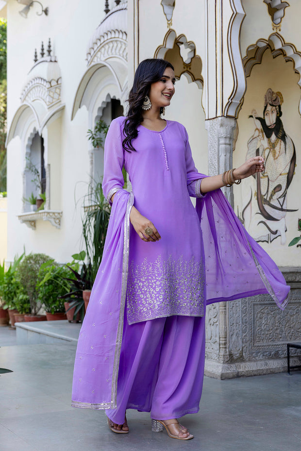 Lavender Embroidered Georgette Kurta & Wide Leg Plazzo With Dupatta for Women