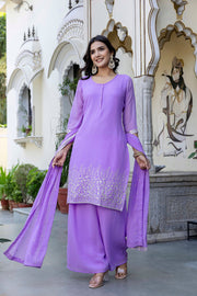 Lavender Embroidered Georgette Kurta & Wide Leg Plazzo With Dupatta for Women