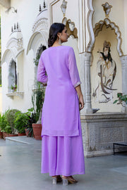 Lavender Embroidered Georgette Kurta & Wide Leg Plazzo With Dupatta for Women