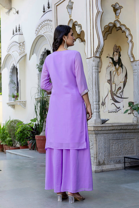 Lavender Embroidered Georgette Kurta & Wide Leg Plazzo With Dupatta for Women