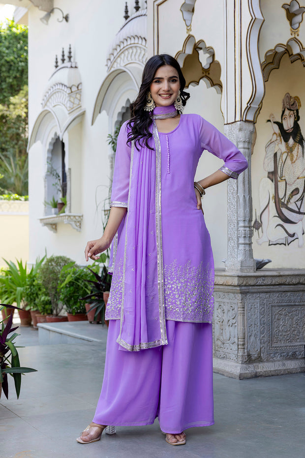 Lavender Embroidered Georgette Kurta & Wide Leg Plazzo With Dupatta for Women