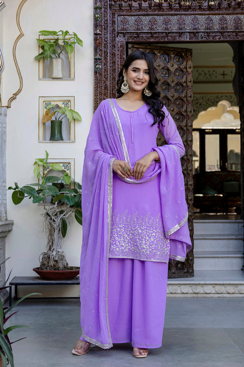 Lavender Embroidered Georgette Kurta & Wide Leg Plazzo With Dupatta for Women