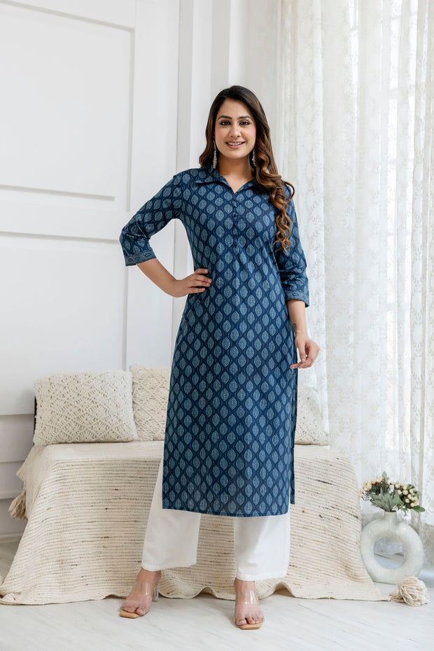 Women Blue Printed Straight Kurta with Three Quarter Sleeves