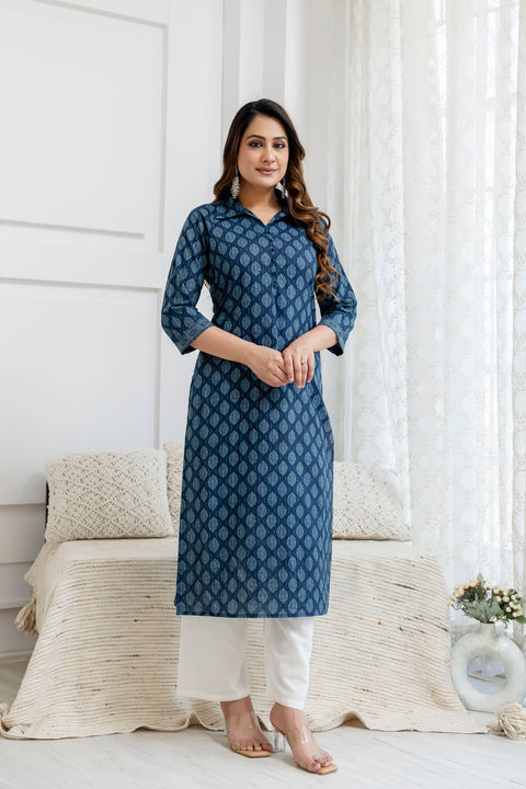 Women Blue Printed Straight Kurta with Three Quarter Sleeves