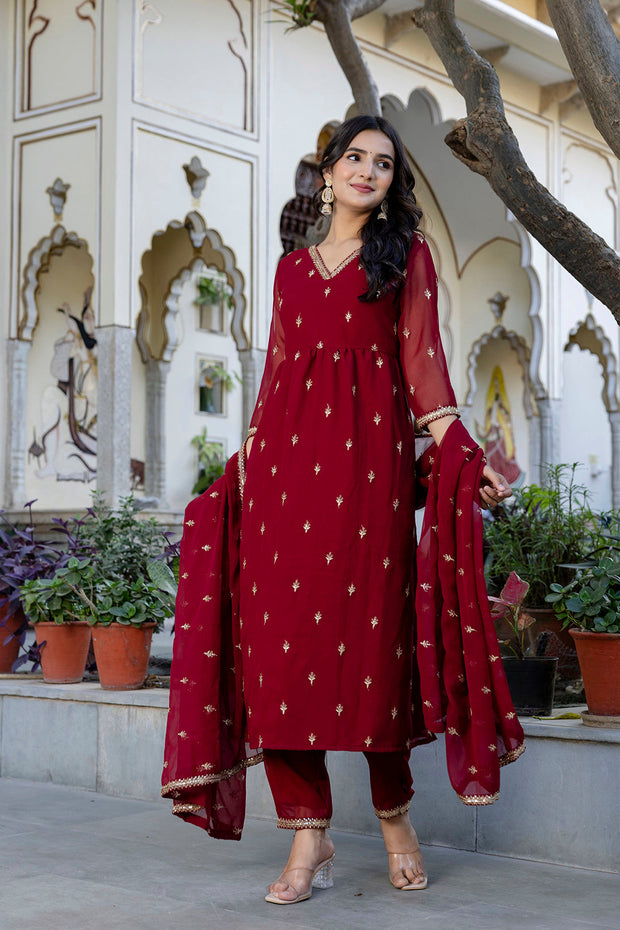 Maroon Embroidered Georgette Kurta Set With Dupatta for Women