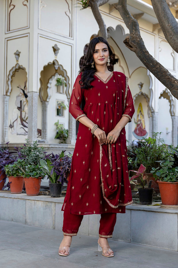 Maroon Embroidered Georgette Kurta Set With Dupatta for Women