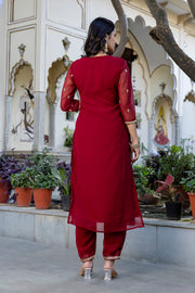 Maroon Embroidered Georgette Kurta Set With Dupatta for Women