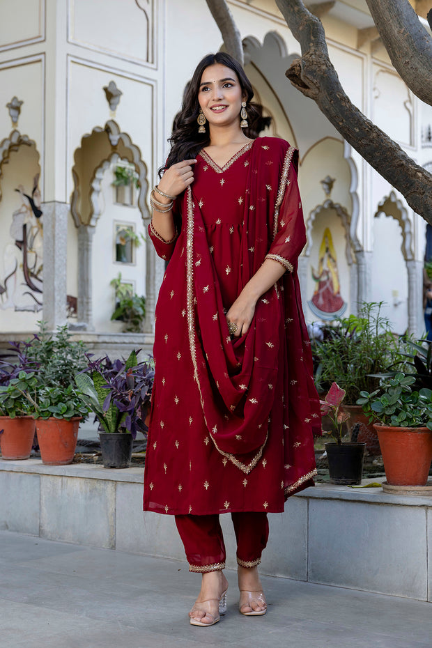 Maroon Embroidered Georgette Kurta Set With Dupatta for Women