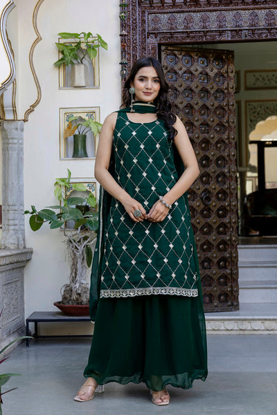 Green Embroidered Kurta With Wide Leg Palazzo and Dupatta