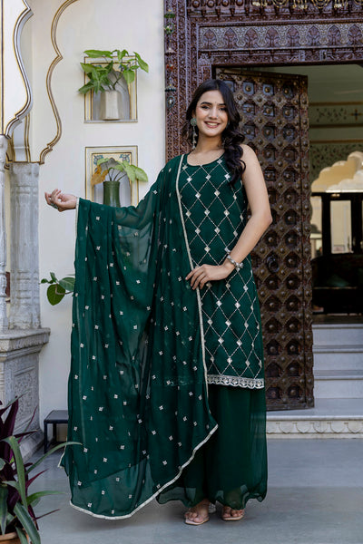 Green Embroidered Kurta With Wide Leg Palazzo and Dupatta