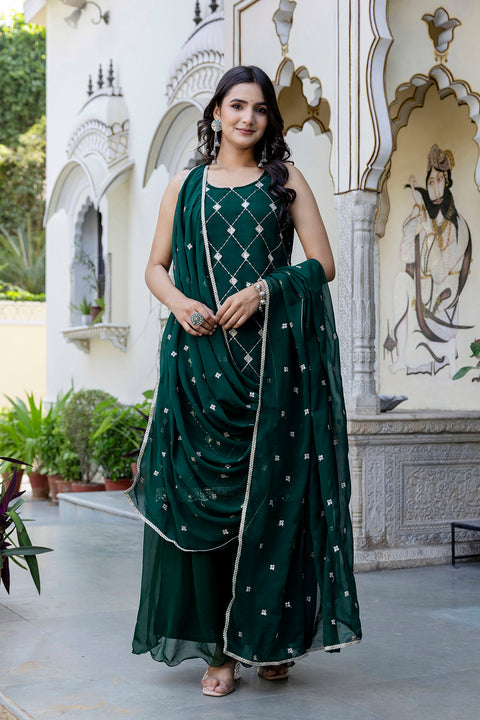 Green Embroidered Kurta With Wide Leg Palazzo and Dupatta